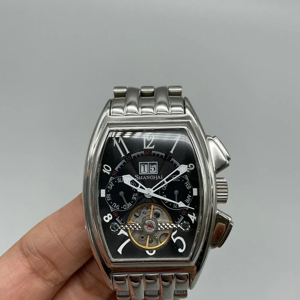 Shanghai DCEC Cummins Mens Watch 34mm Silver Tone Skeleton Dial Automatic 7.5